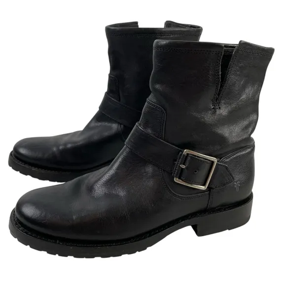 Frye Natalie Short Engineer Black Leather Boots Womens Size 7
