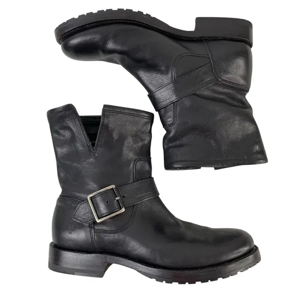 Frye Natalie Short Engineer Black Leather Boots Womens Size 7