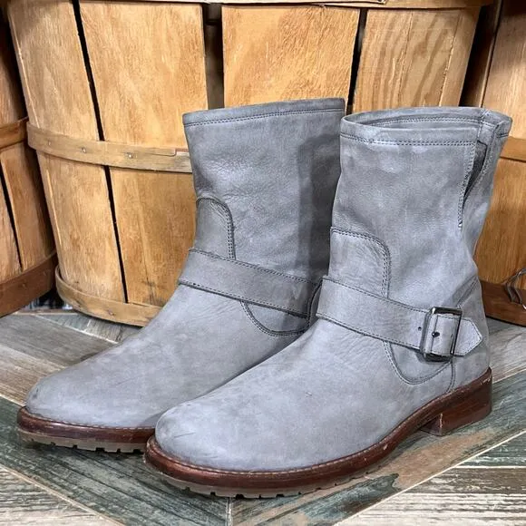 Frye Natalie Short Engineer Boot Gray Nubuck Pull-On Ankle Boots Womens Size 8.5