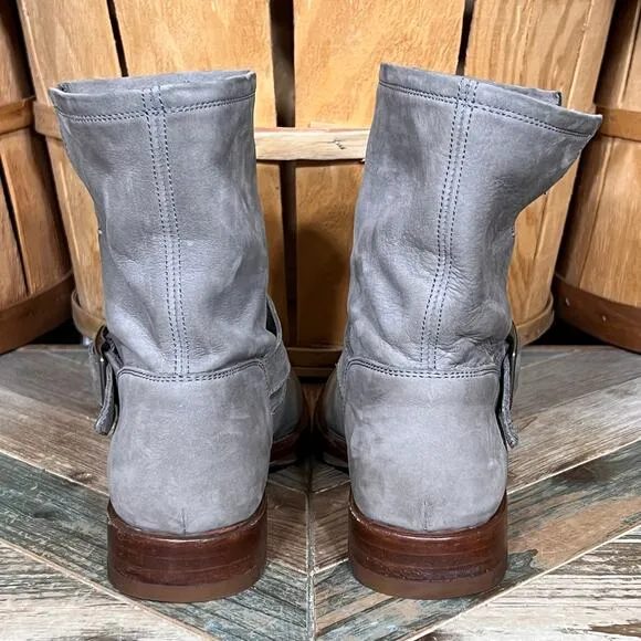 Frye Natalie Short Engineer Boot Gray Nubuck Pull-On Ankle Boots Womens Size 8.5