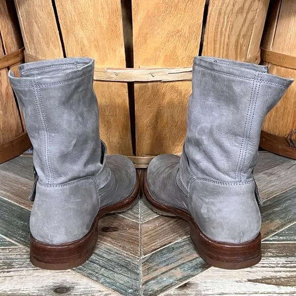 Frye Natalie Short Engineer Boot Gray Nubuck Pull-On Ankle Boots Womens Size 8.5