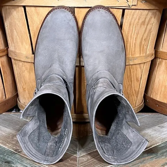 Frye Natalie Short Engineer Boot Gray Nubuck Pull-On Ankle Boots Womens Size 8.5