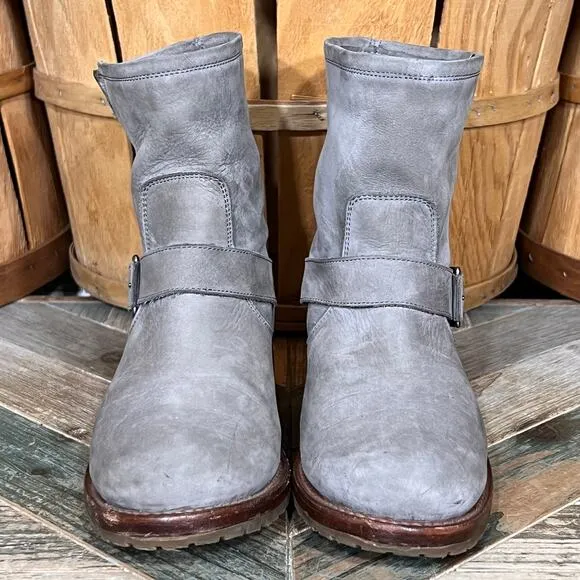 Frye Natalie Short Engineer Boot Gray Nubuck Pull-On Ankle Boots Womens Size 8.5