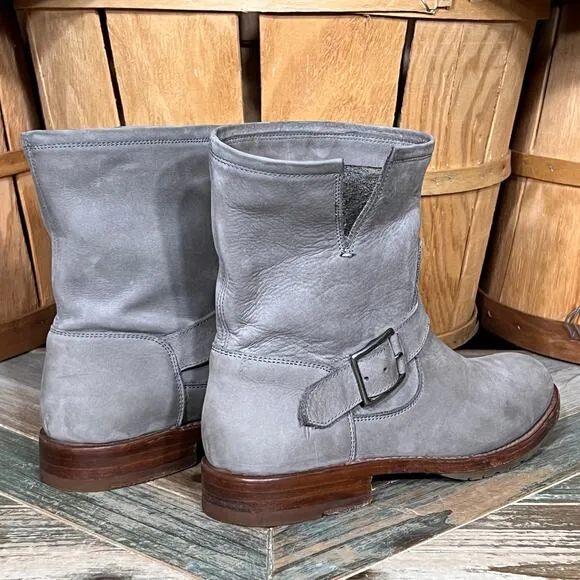 Frye Natalie Short Engineer Boot Gray Nubuck Pull-On Ankle Boots Womens Size 8.5