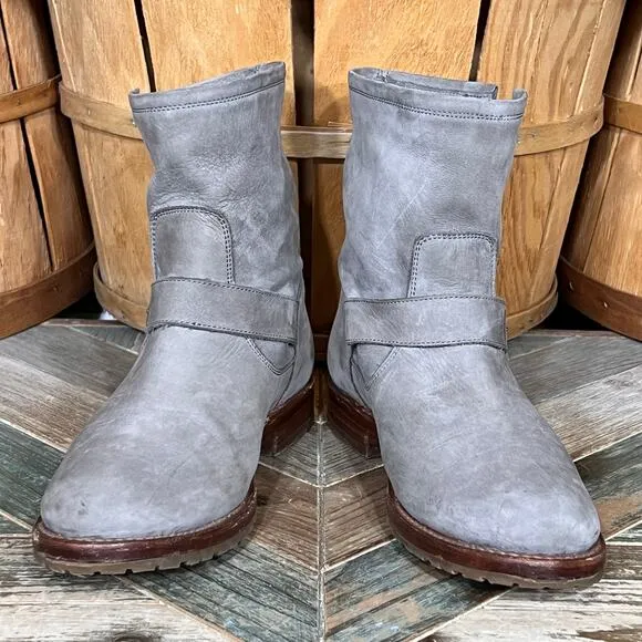 Frye Natalie Short Engineer Boot Gray Nubuck Pull-On Ankle Boots Womens Size 8.5