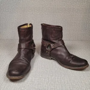 Frye Phillip Harness Short Brown Leather Motorcycle Rear Zip Boots Women's 9 B