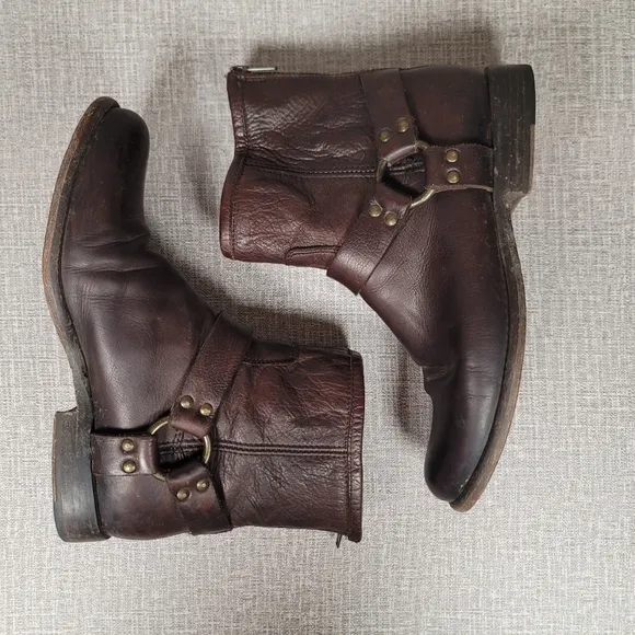 Frye Phillip Harness Short Brown Leather Motorcycle Rear Zip Boots Women's 9 B