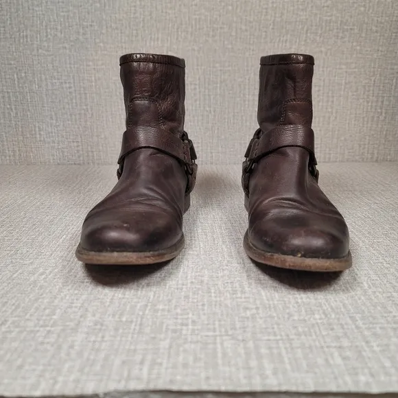 Frye Phillip Harness Short Brown Leather Motorcycle Rear Zip Boots Women's 9 B
