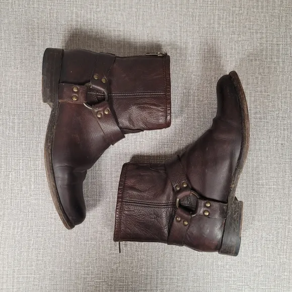 Frye Phillip Harness Short Brown Leather Motorcycle Rear Zip Boots Women's 9 B