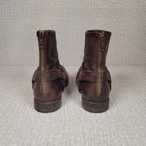 Frye Phillip Harness Short Brown Leather Motorcycle Rear Zip Boots Women's 9 B