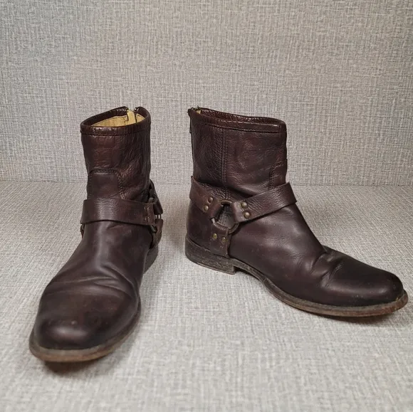 Frye Phillip Harness Short Brown Leather Motorcycle Rear Zip Boots Women's 9 B
