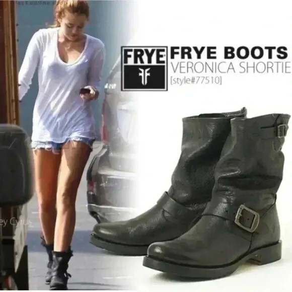 FRYE Veronica Short Black Leather Buckle Boots Women's 7B