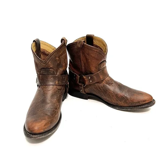 FRYE | Vintage Y2K women’s brown leather low rise harness biker boots