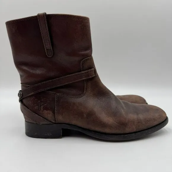 Frye Womens Lindsay Plate Stonewashed Distressed Short Brown Leather Ankle Boots