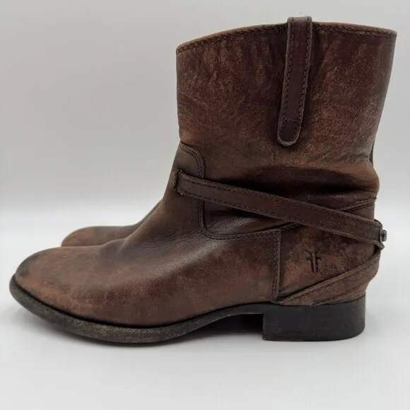 Frye Womens Lindsay Plate Stonewashed Distressed Short Brown Leather Ankle Boots