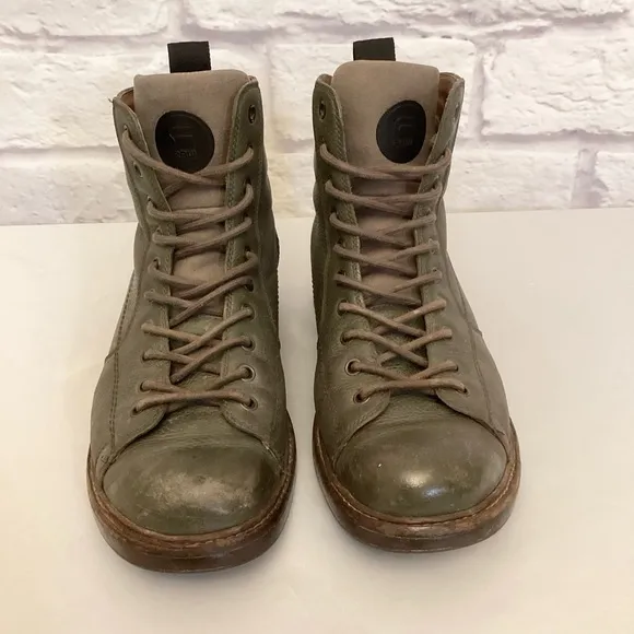 G-Star Raw 9 (42) Men's Combat Leather Olive Green Boots Distressed Grunge