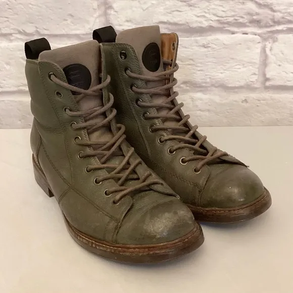 G-Star Raw 9 (42) Men's Combat Leather Olive Green Boots Distressed Grunge