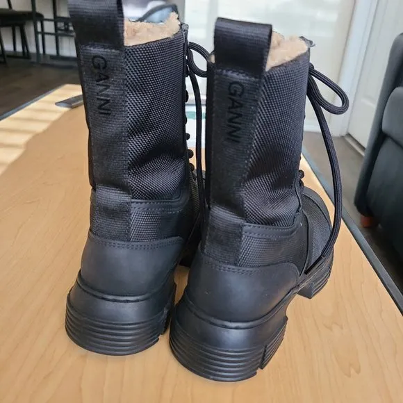 Ganni combat boots rubber  shell faux fur Black Chunky Log Sole Boots 5/35 new