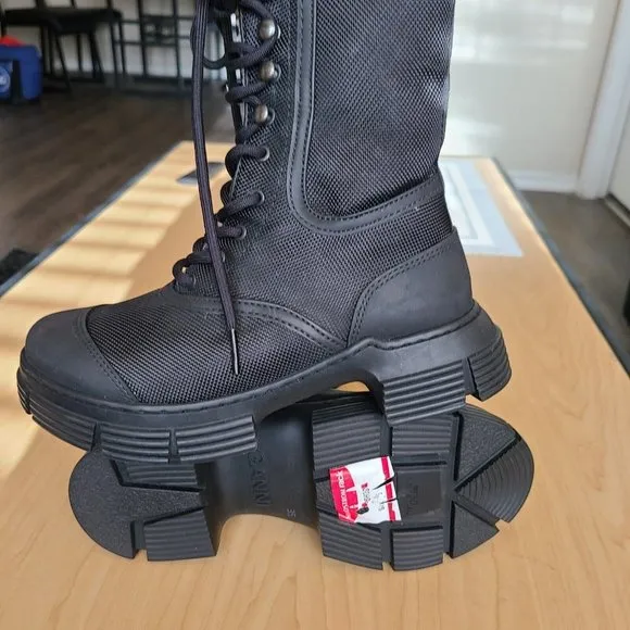 Ganni combat boots rubber  shell faux fur Black Chunky Log Sole Boots 5/35 new