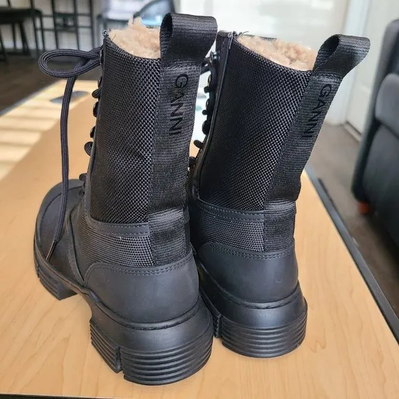 Ganni combat boots rubber  shell faux fur Black Chunky Log Sole Boots 5/35 new