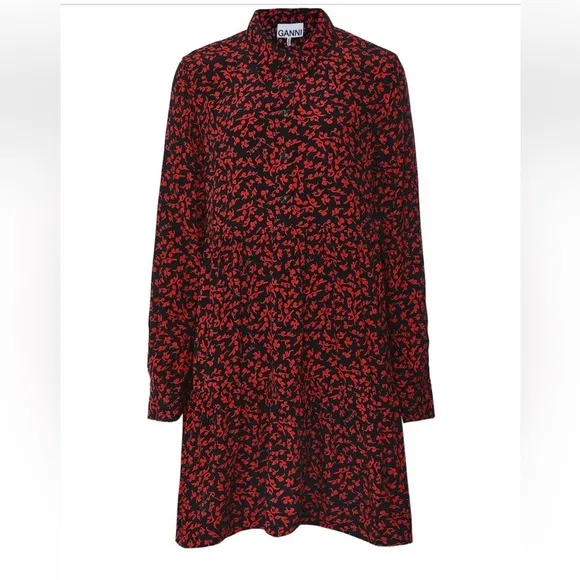 Ganni Floral Logo Print Crepe Long Sleeve Shirtdress Layer Dress GANNI Sz 38 US6