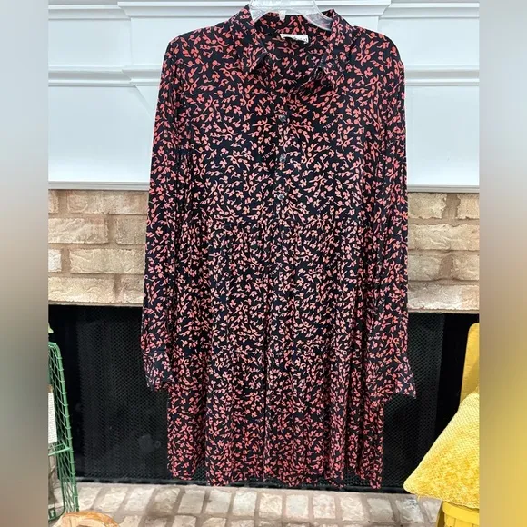 Ganni Floral Logo Print Crepe Long Sleeve Shirtdress Layer Dress GANNI Sz 38 US6