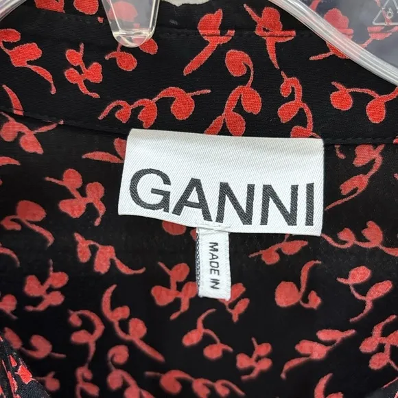 Ganni Floral Logo Print Crepe Long Sleeve Shirtdress Layer Dress GANNI Sz 38 US6