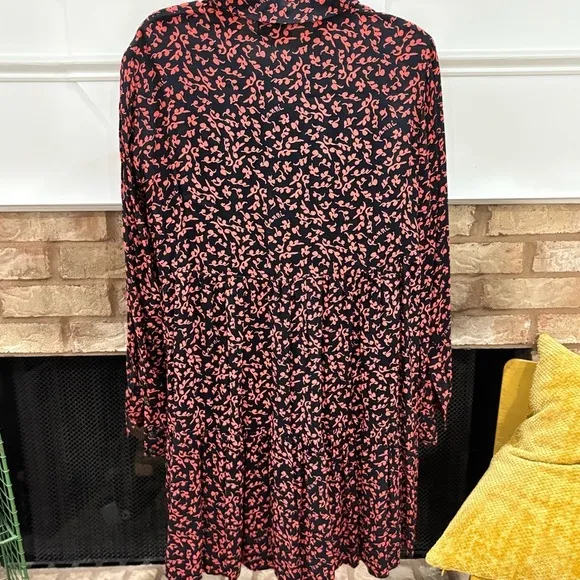Ganni Floral Logo Print Crepe Long Sleeve Shirtdress Layer Dress GANNI Sz 38 US6