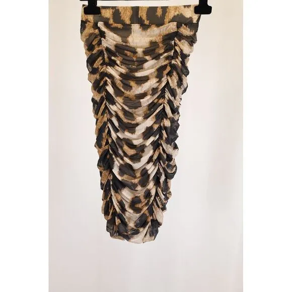 Ganni Ruched Leopard Print Midi Mesh Skirt in Brown Polyester