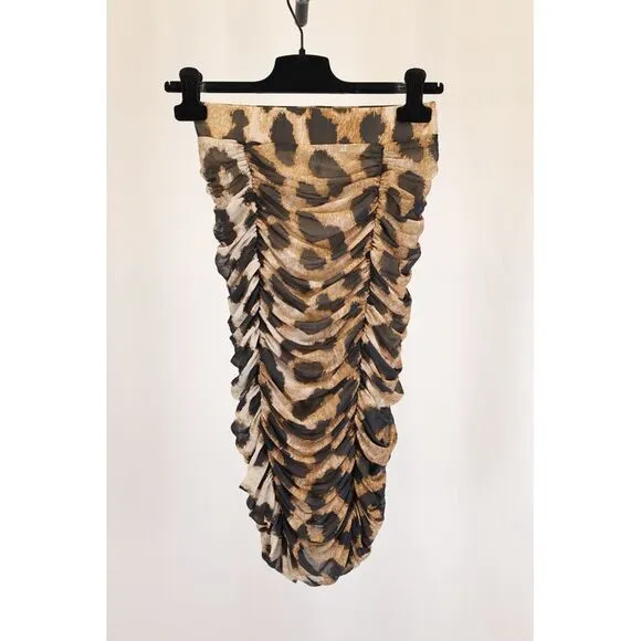 Ganni Ruched Leopard Print Midi Mesh Skirt in Brown Polyester