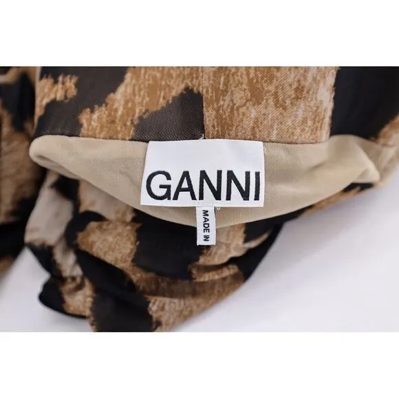 Ganni Ruched Leopard Print Midi Mesh Skirt in Brown Polyester