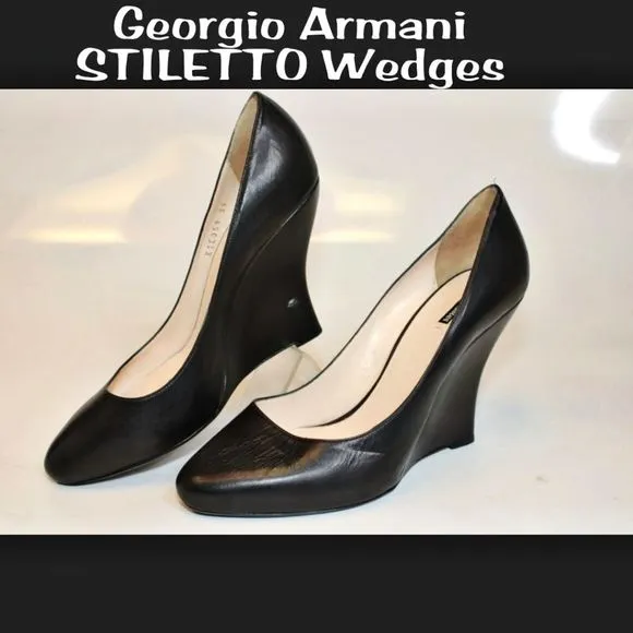 GEORGIO ARMANI STILETTO WEDGES Gorgeous 😍 black leather shoes Italy.