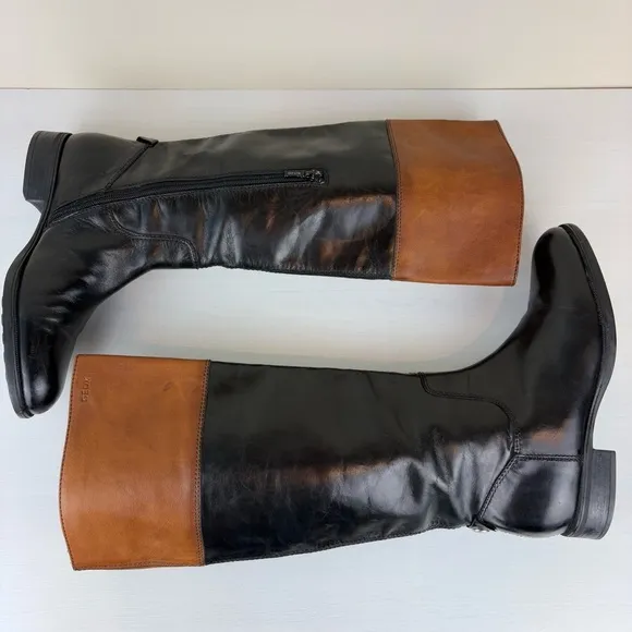 Geox Respira Womens Riding Boots Pull On Black Tan Leather Size 8 US EU 38