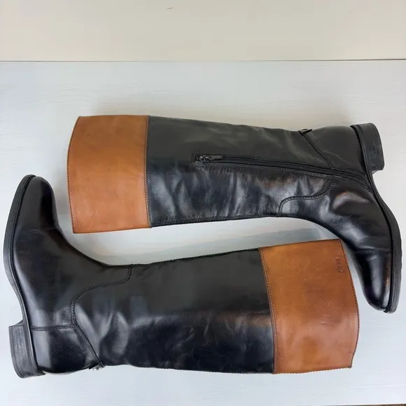 Geox Respira Womens Riding Boots Pull On Black Tan Leather Size 8 US EU 38