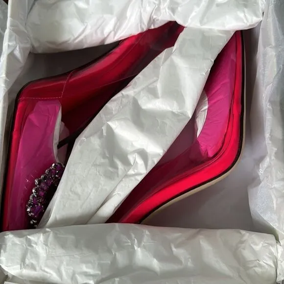 Good American Hot Pink Bejeweled Lucite Heels