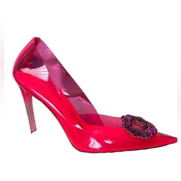 Good American Hot Pink Bejeweled Lucite Heels