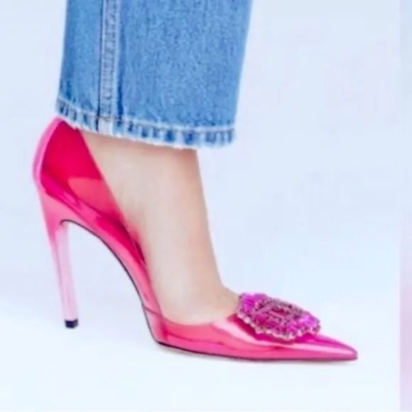 Good American Hot Pink Bejeweled Lucite Heels