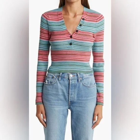 Gorgeous Derek Lam Neiman's Saks Milana Cropped Henley Sweater Top Shirt Large‎