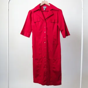 GORGEOUS VINTAGE 90S RED BUTTON DOWN DRESS UTILITY MIDI COTTON BLEND-Size 6