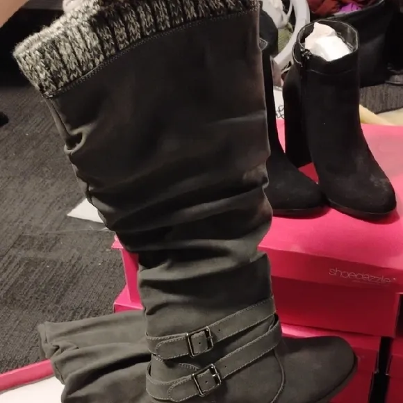 Gray Knee-High Boots with Buckle Detail