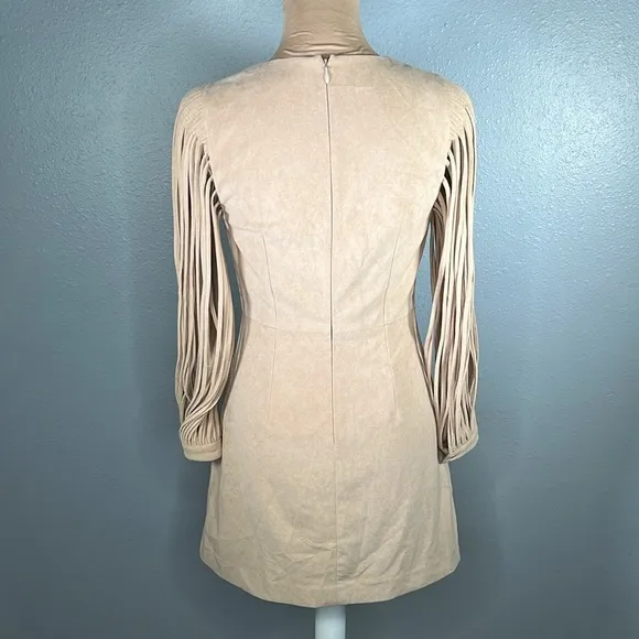 Halston heritage western boho tan suede fringe sleeve rodeo mini dress sz 0