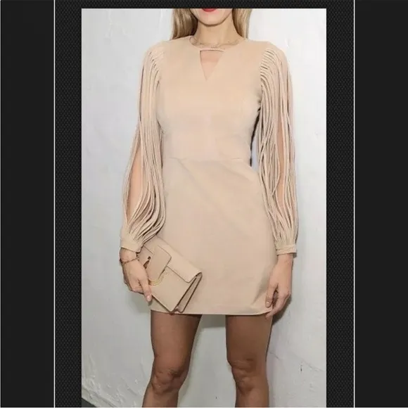 Halston heritage western boho tan suede fringe sleeve rodeo mini dress sz 0