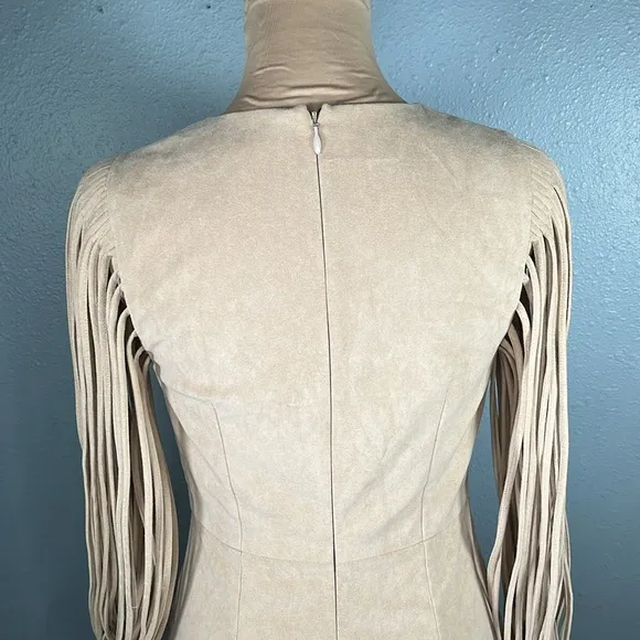 Halston heritage western boho tan suede fringe sleeve rodeo mini dress sz 0