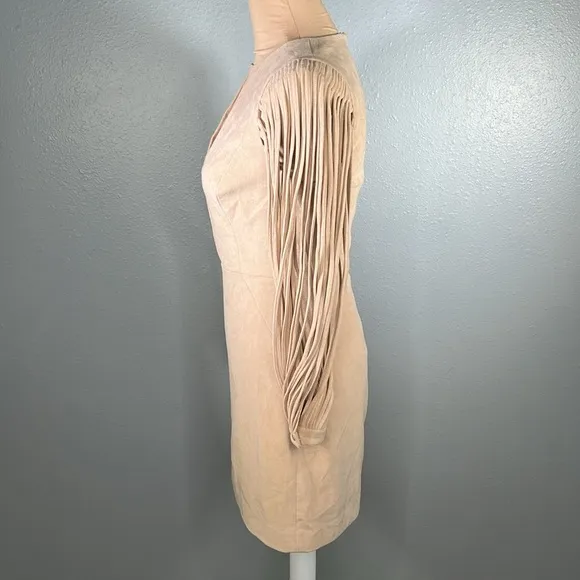 Halston heritage western boho tan suede fringe sleeve rodeo mini dress sz 0