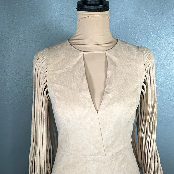 Halston heritage western boho tan suede fringe sleeve rodeo mini dress sz 0