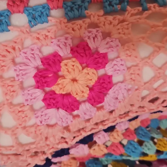 Handmade Crochet Cardigan Full lenght Pink Granny Square Fringe Hem Biho Floral