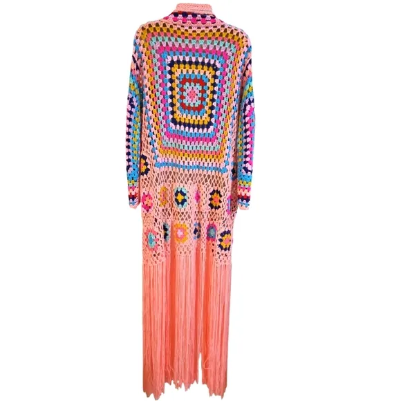 Handmade Crochet Cardigan Full lenght Pink Granny Square Fringe Hem Biho Floral