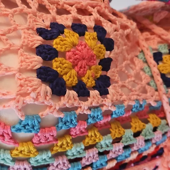 Handmade Crochet Cardigan Full lenght Pink Granny Square Fringe Hem Biho Floral