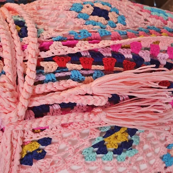 Handmade Crochet Cardigan Full lenght Pink Granny Square Fringe Hem Biho Floral