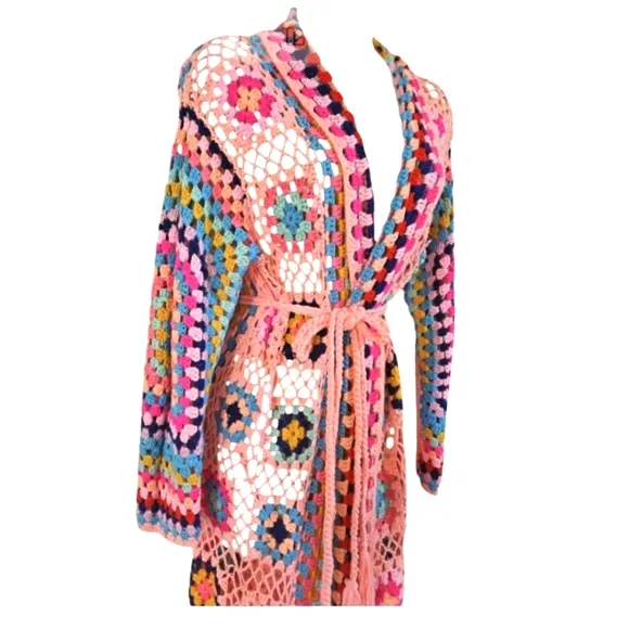 Handmade Crochet Cardigan Full lenght Pink Granny Square Fringe Hem Biho Floral
